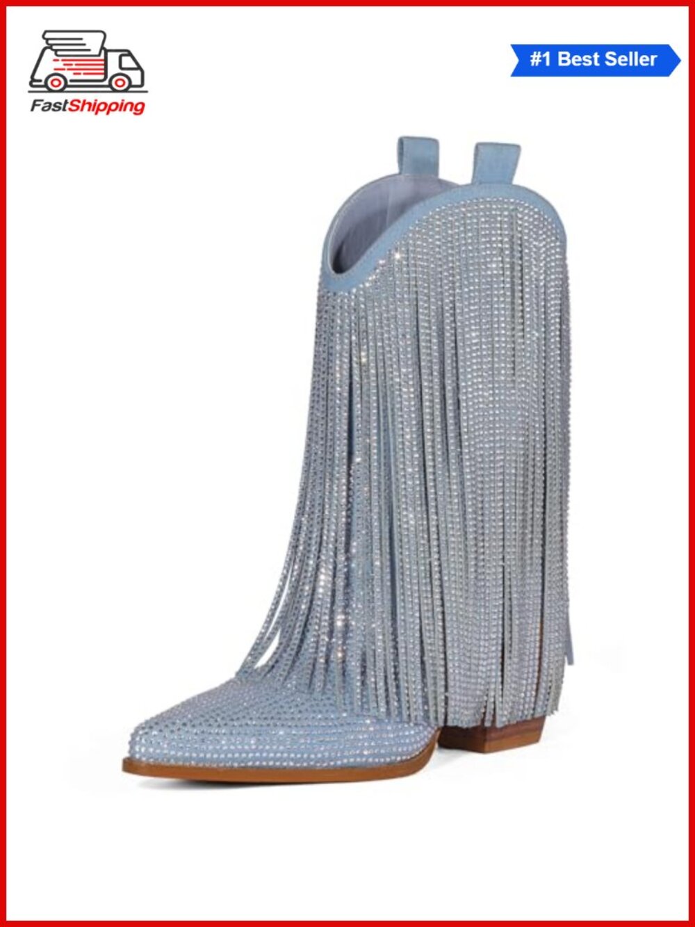 ✨ Western Rhinestone Fringe Chunky Heel Mid Calf Cowboy Boots